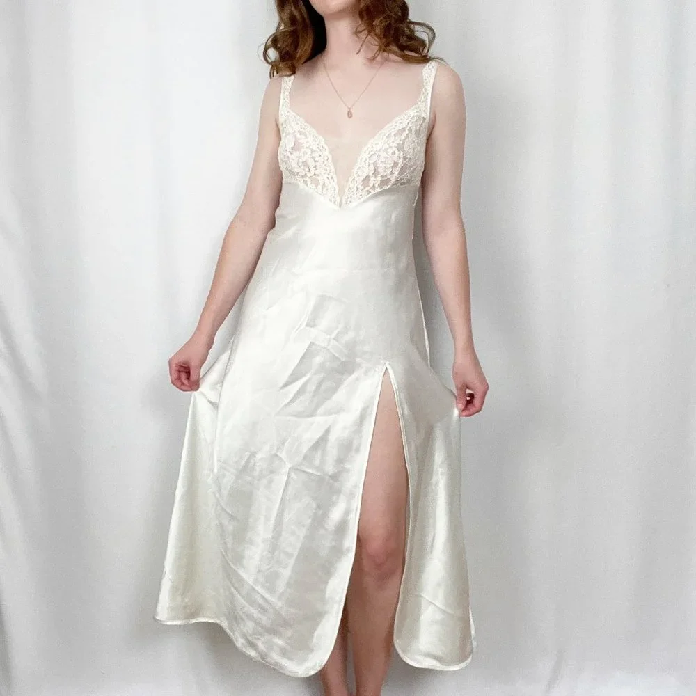 Vintage VS Gold Label Silky Lace Slip Dress Slit Sheer Bridal Wedding Midi Maxi - Picture 1 of 9
